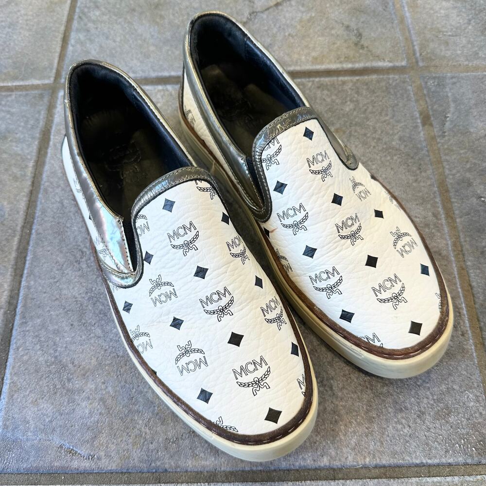 MCM Visetos Monogram Slip Ons Sneakers Logo Metallic Leather Trim Flats Shoes